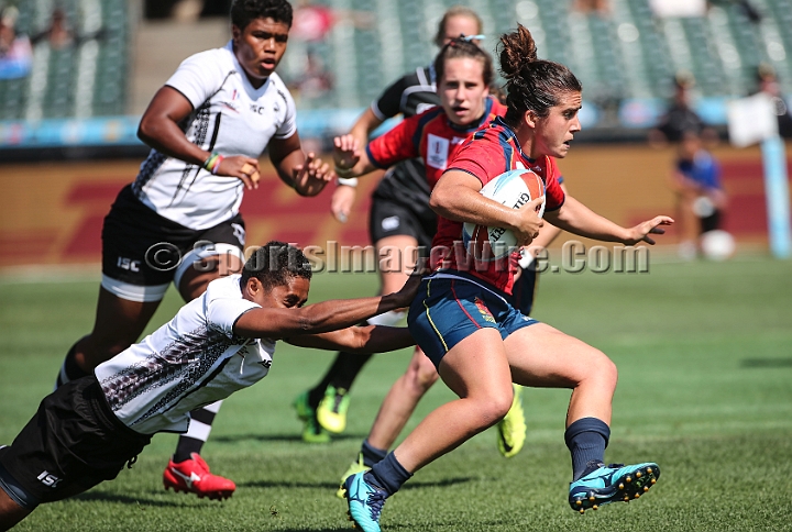 2018RugbySevensFri-03.JPG - Patricia Garcia for Spain is tackled by Luisa Basei Tisolo of Fiji during their first round match at the 2018 Rugby World Cup Sevens, July 20-22, 2018, held at AT&T Park, San Francisco, CA. Spain defeated Fiji 19-12.